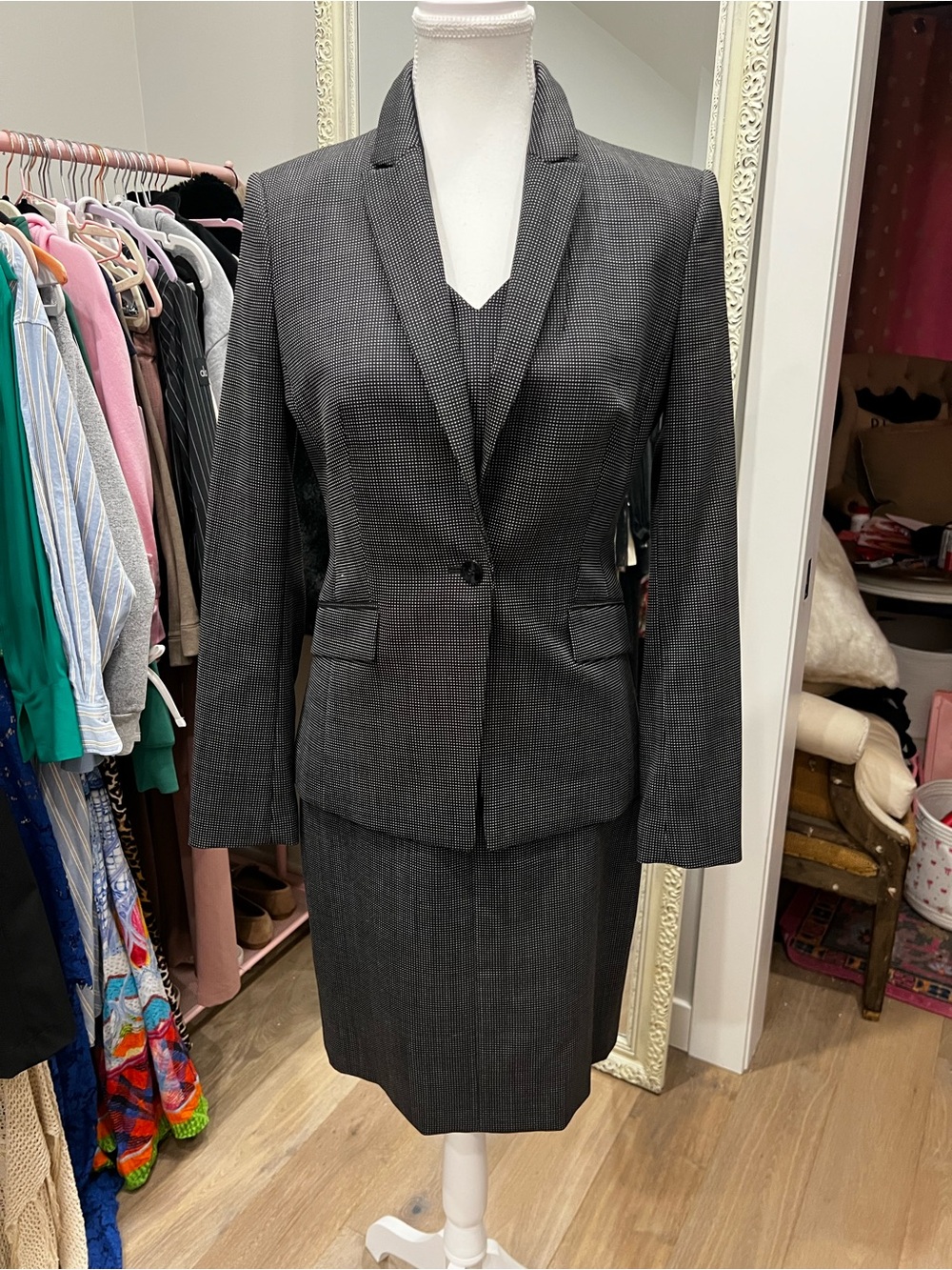 Boss Women's Dark Gray Pinstripe Dress and Blazer Suit